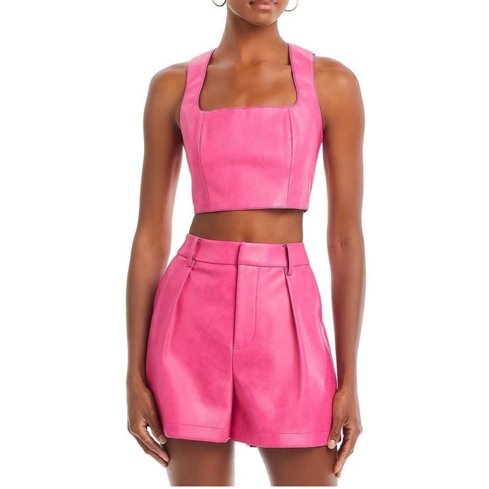 Hot Pink Sleeveless Crop Top and Shorts Set, faux leather